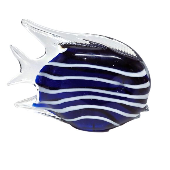 Art Glass Fish Pair Blue Figurine Statue Paperweight Lot Set Striped Beach Decor - Picture 9 of 14